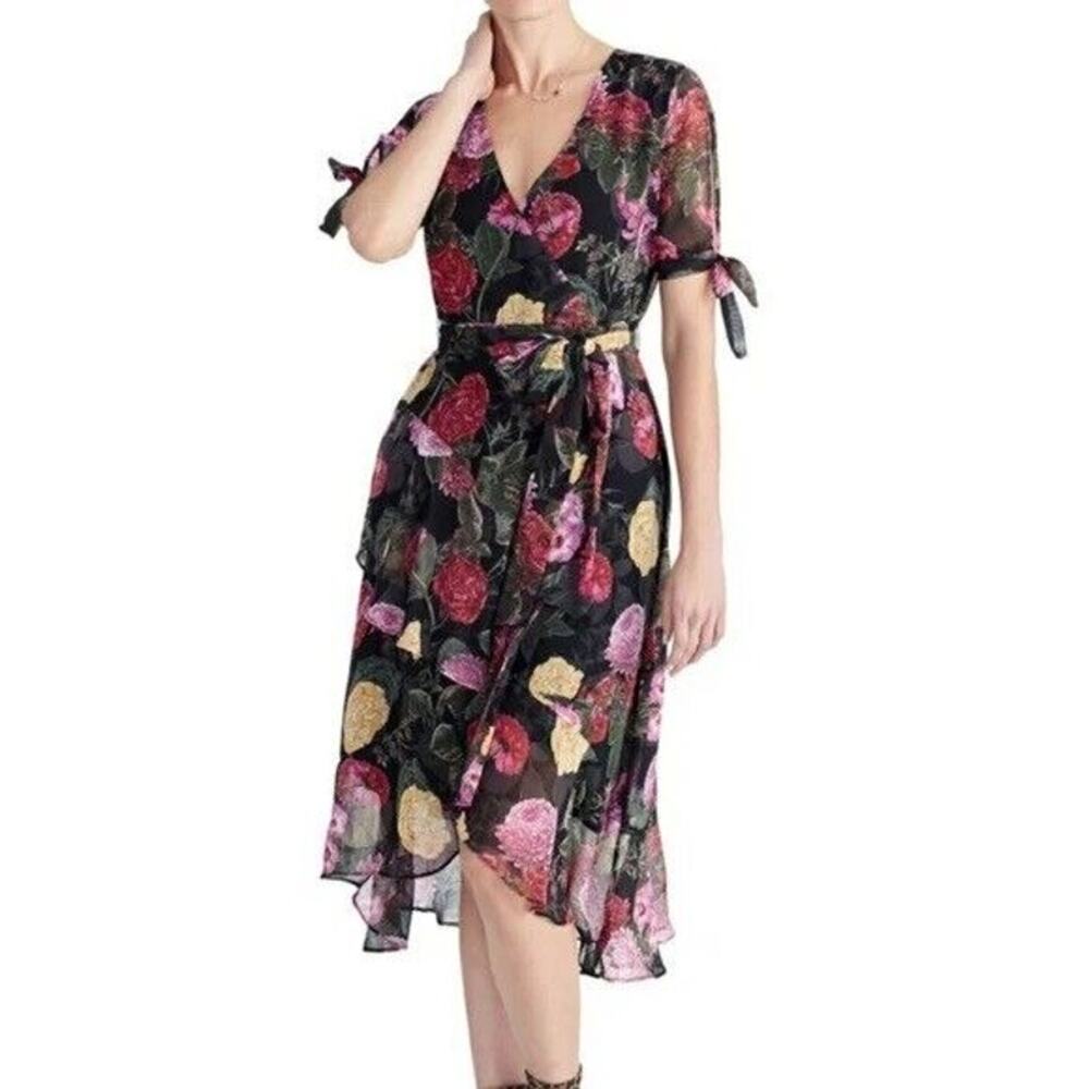 Rachel Roy Rina Dark Floral Midi Dress Size 8 Black Pink Yellow Flowy Chiffon